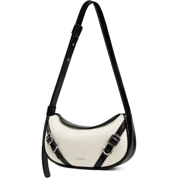 Women Cream White Soft Leather and polyesterHobo Bag with Adjustable Strap